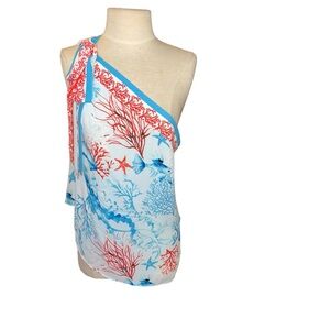 White House Black Market Coral/Jellyfish Print One Shoulder Tie Top blouse M